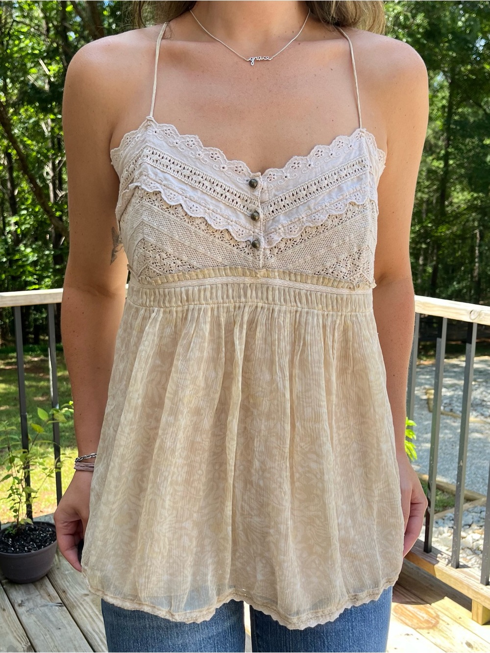 Gianni Bini Cream Lace-Trim Silk Top